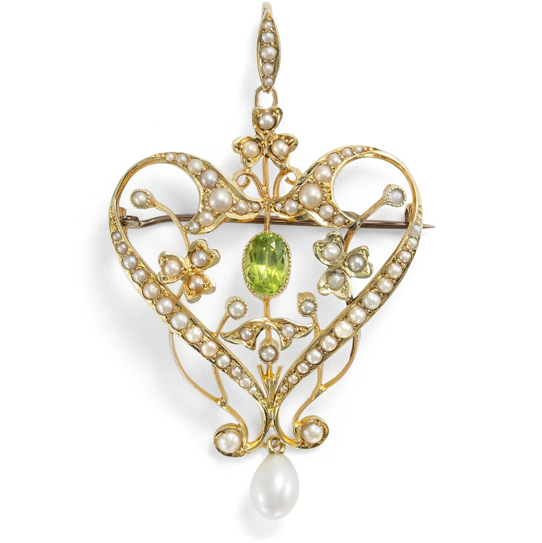 Large Gold Pendant-Brooch with Peridots & Pearls, Great Britain c. 1905