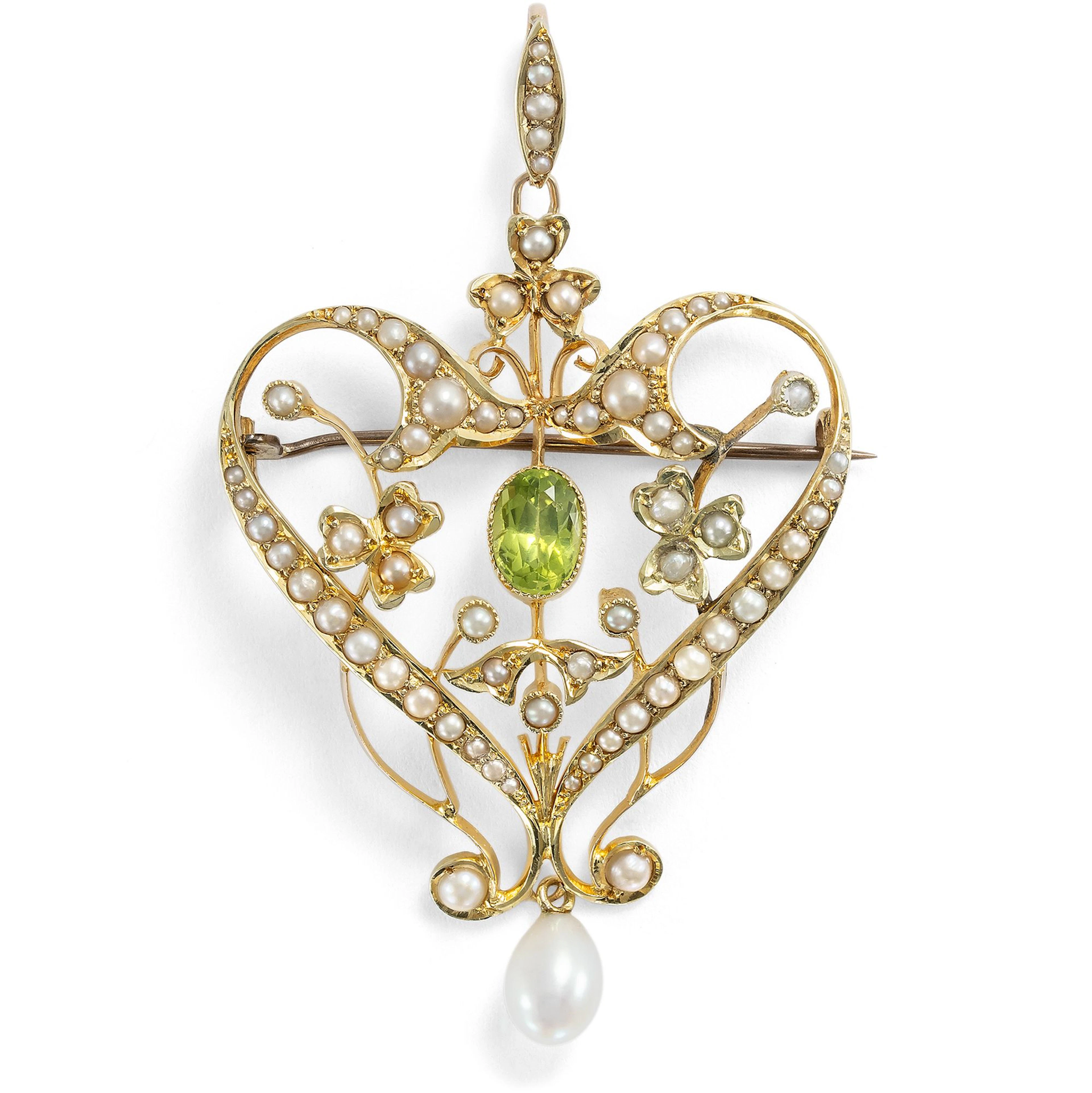 Large Gold Pendant-Brooch with Peridots & Pearls, Great Britain c. 1905