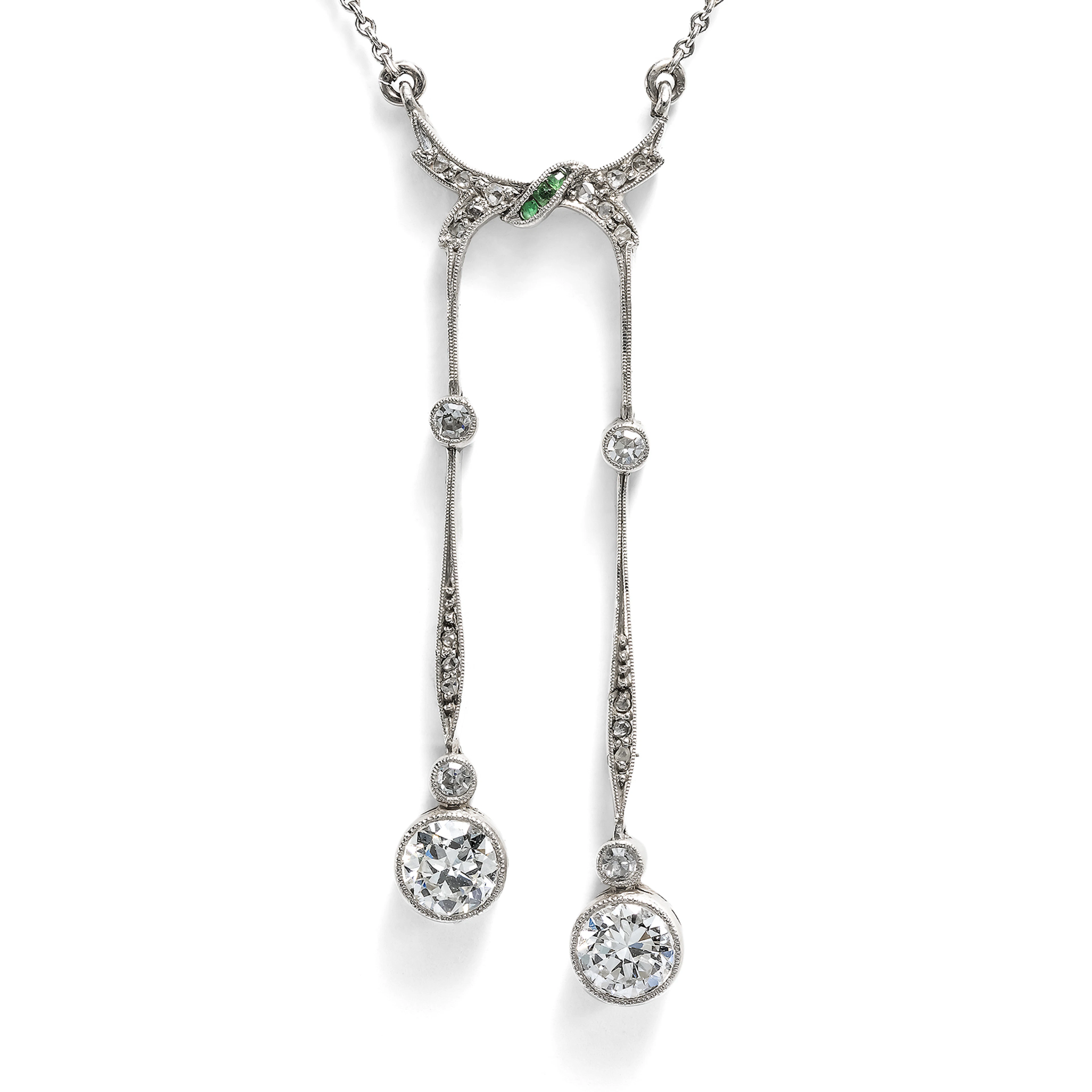 Elegant "Lavalliere" Necklace with Diamonds and Emeralds in Platinum, ca. 1925