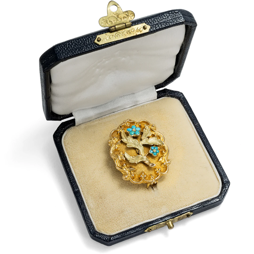 Antique Gold Brooch with Diamonds & Turquoises, Probably England, c. 1845