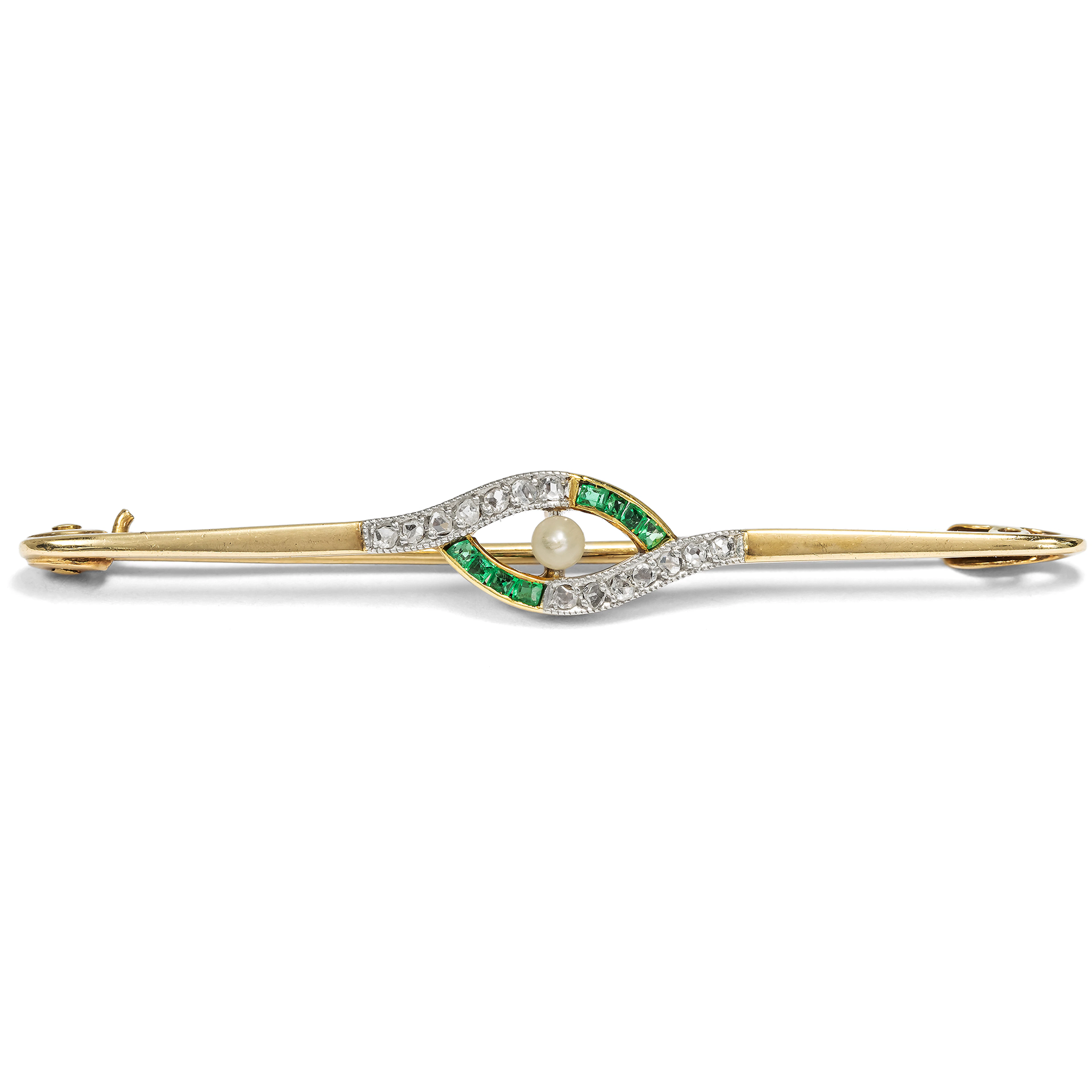 Elegant Antique Needle With Diamonds & Green Glass Pastes Set in Gold, c. 1910