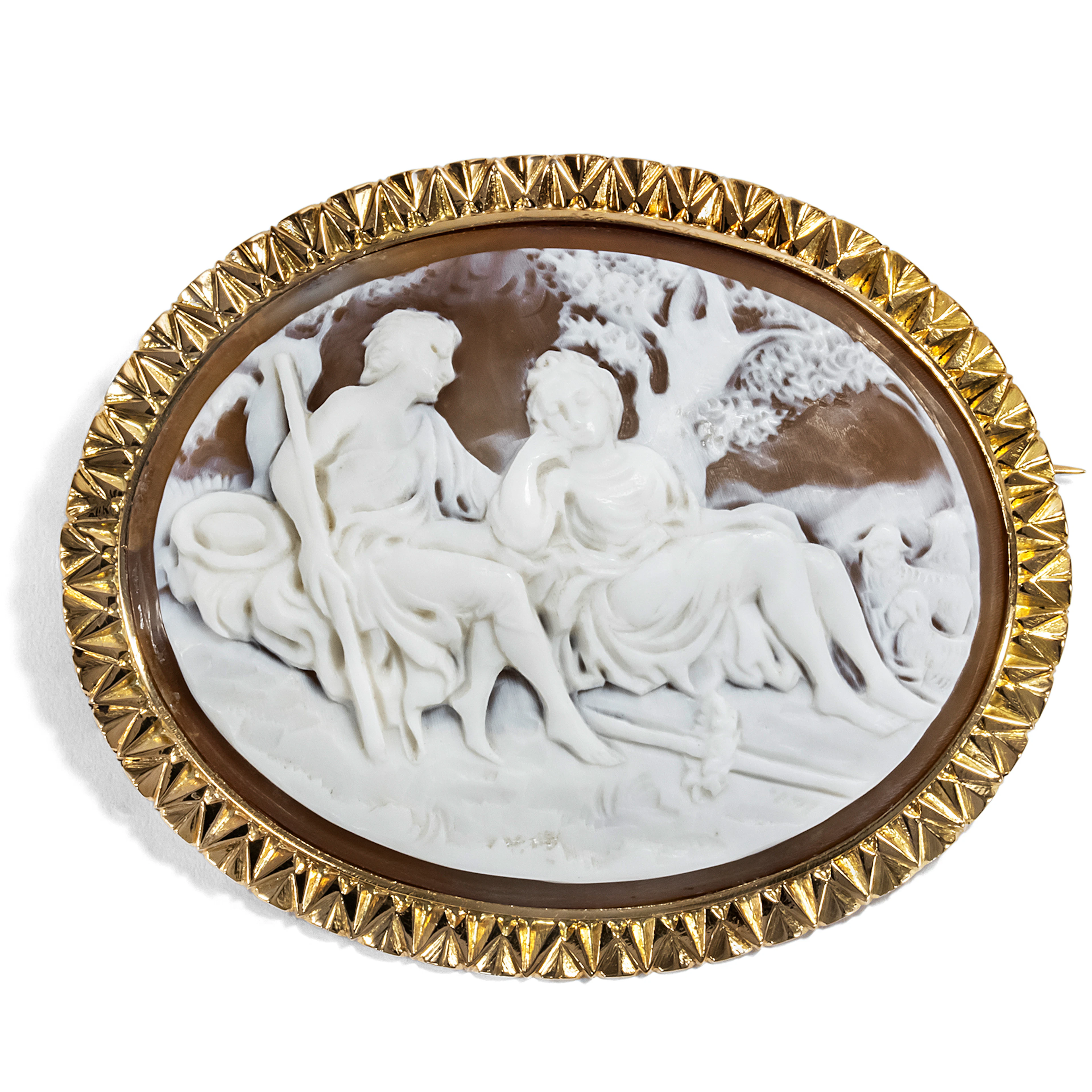 Bucolic Shell Cameo Set in Gold as a Brooch, c. 1875
