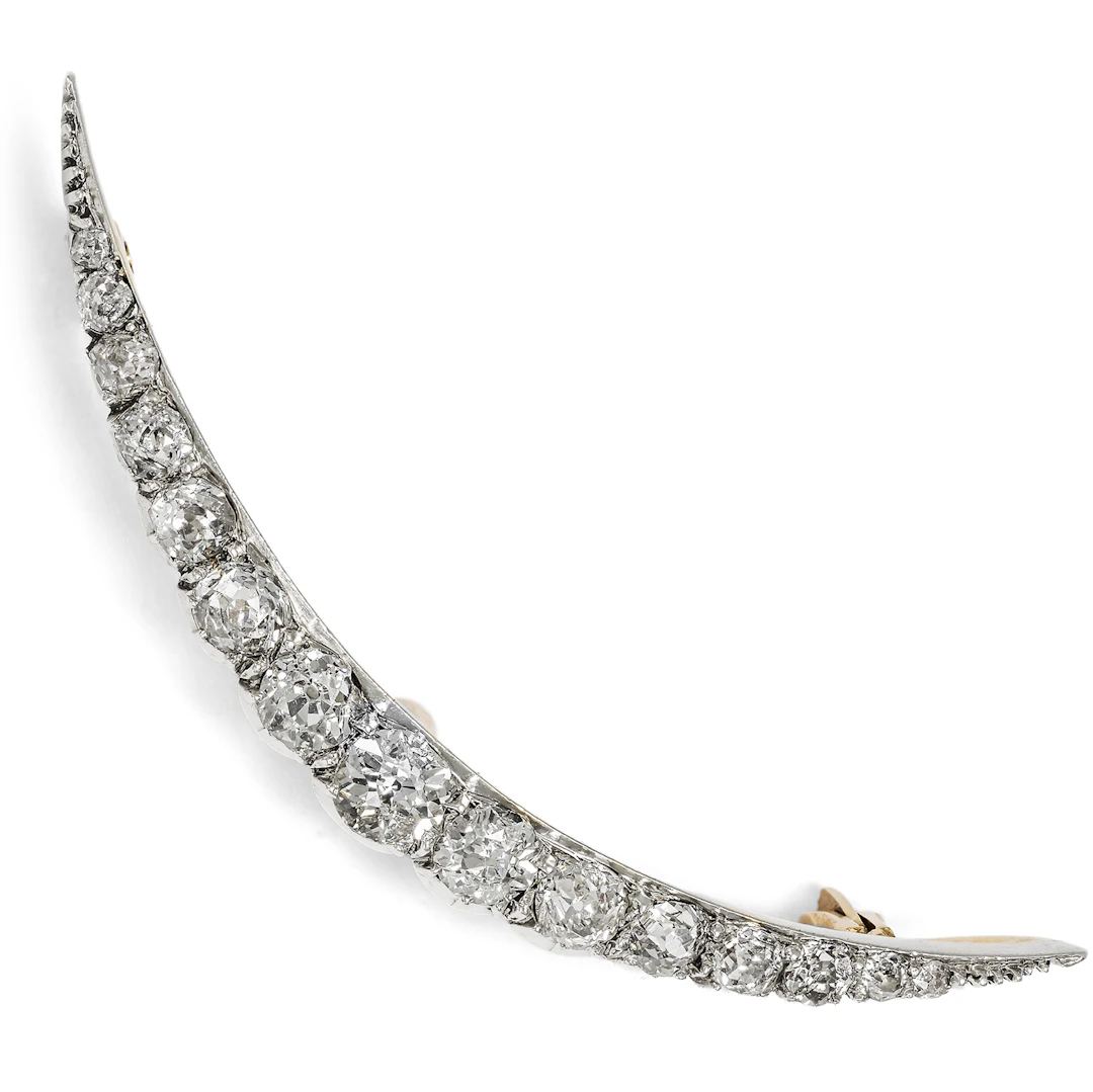 Antique Crescent Moon Brooch with Diamonds in Silver on Gold, c. 1900