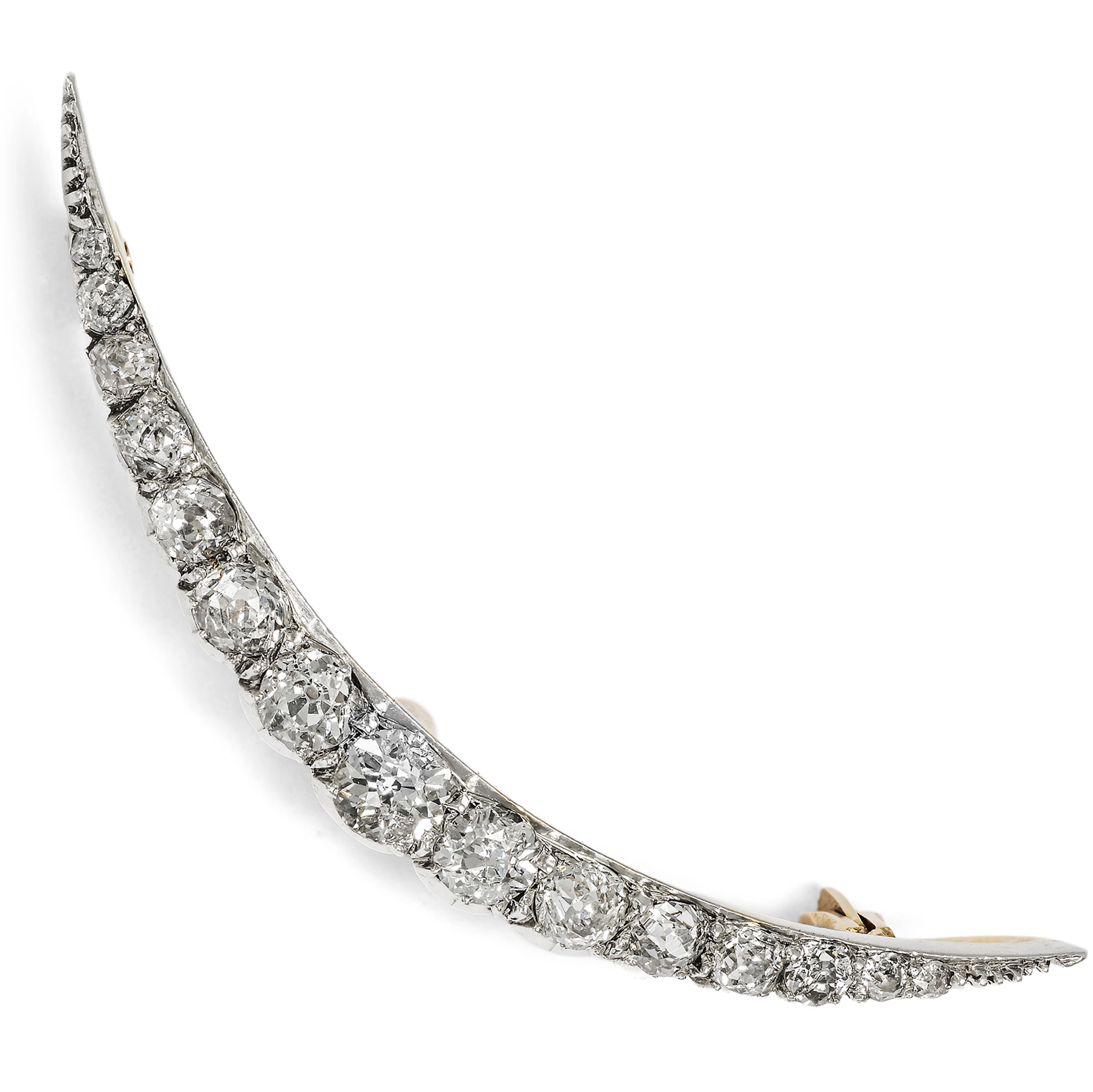 Antique Crescent Moon Brooch with Diamonds in Silver on Gold, c. 1900