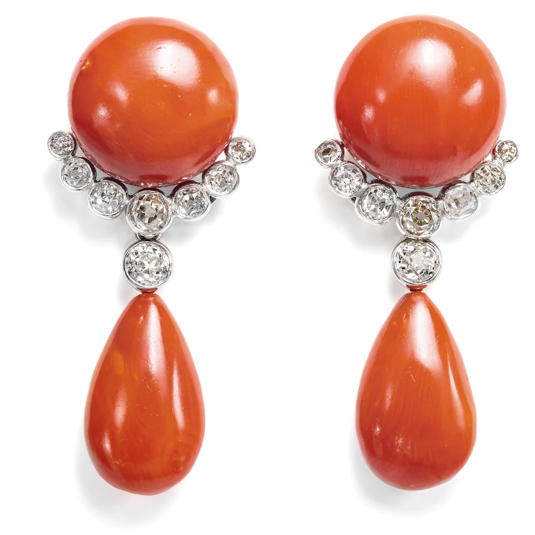 Exquisite Drop Earrings with Coral & Antique Diamonds, c. 1925 & Later