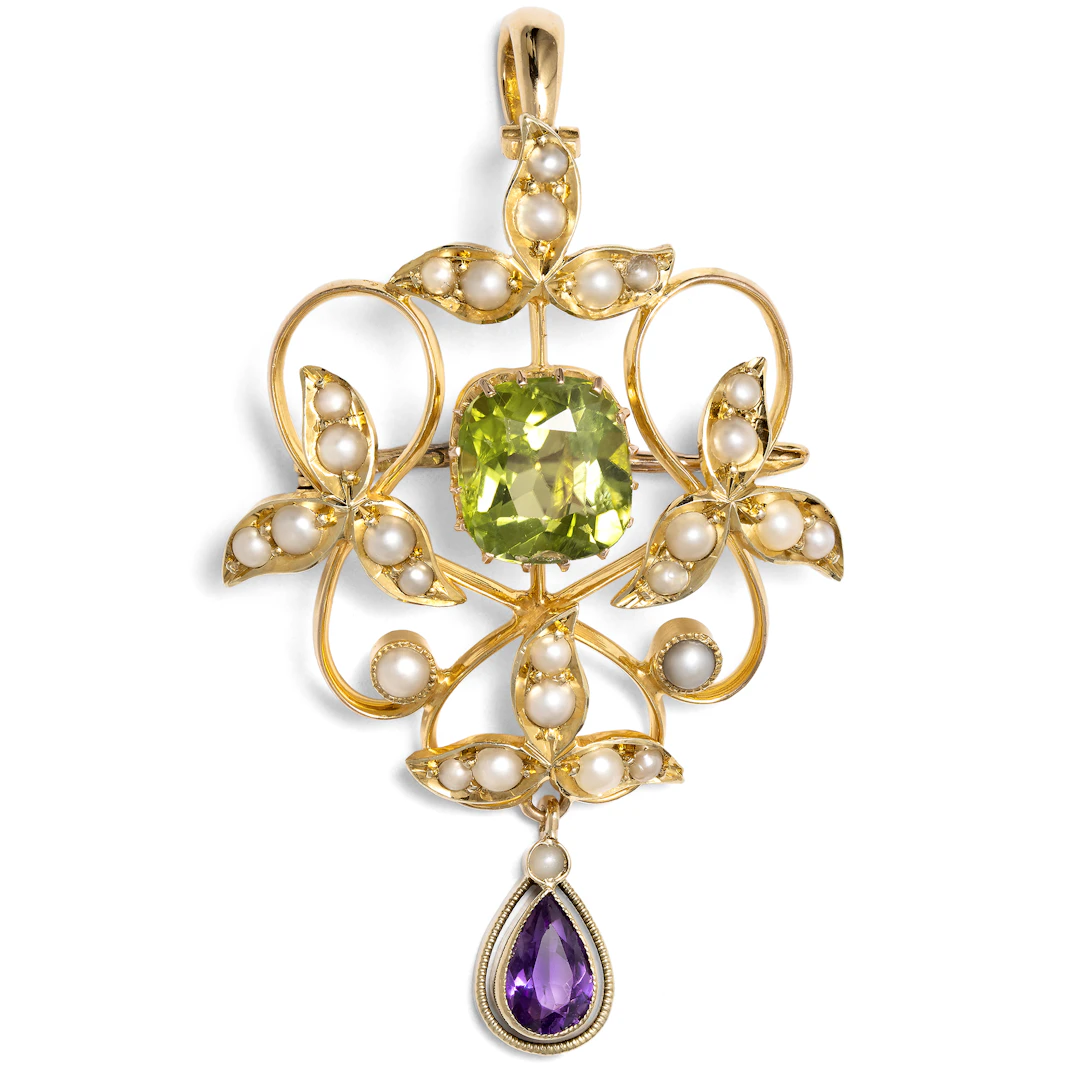 Antique Pendant-Brooch with Amethyst, Pearls, and Peridot in Gold