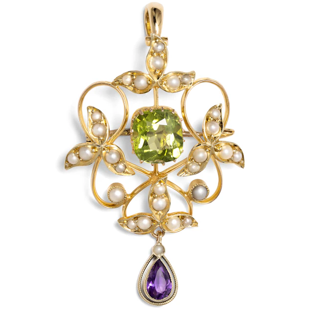 Antique Pendant-Brooch with Amethyst, Pearls, and Peridot in Gold