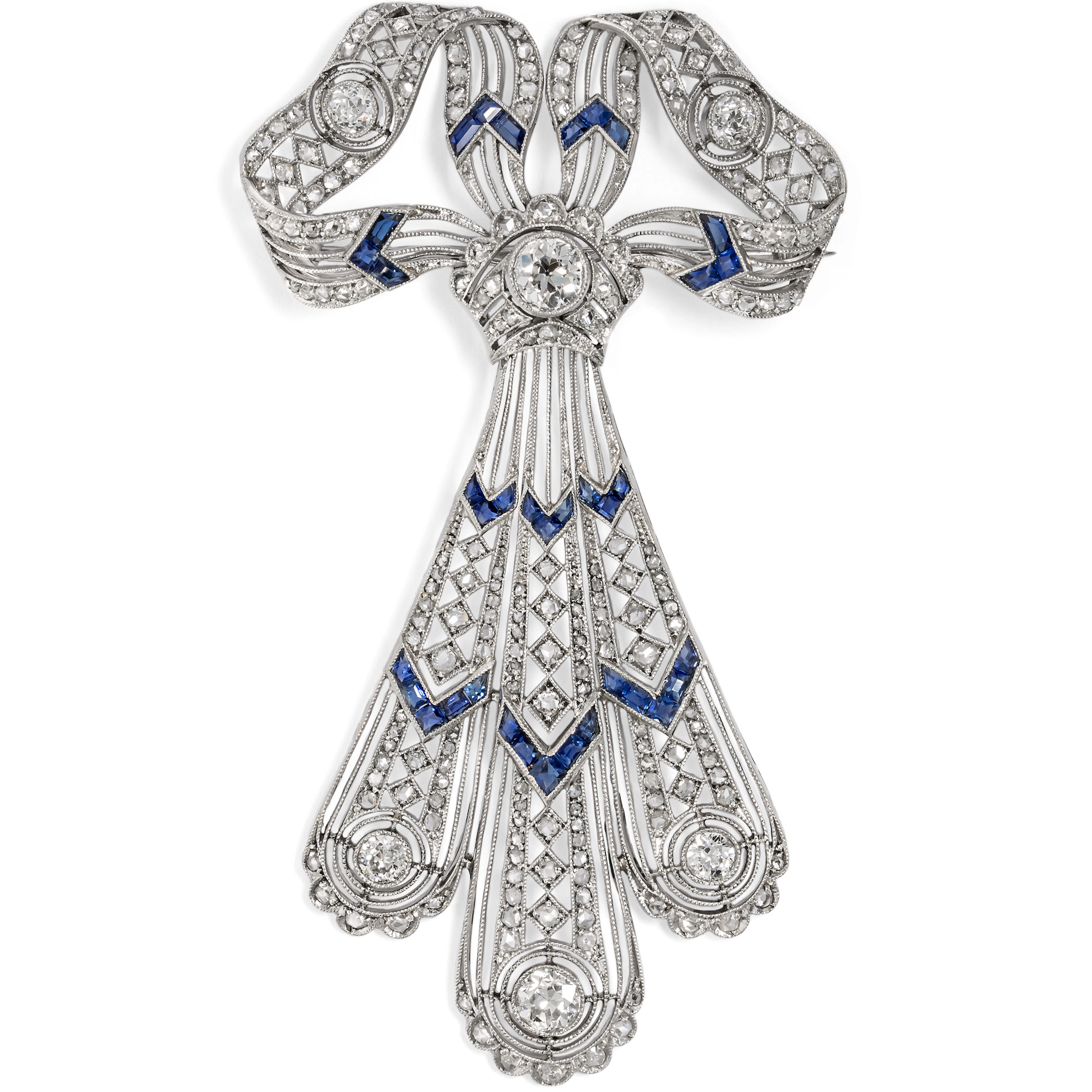 Delicate Edwardian Bow Brooch with Diamonds & Sapphires in Platinum, c. 1910