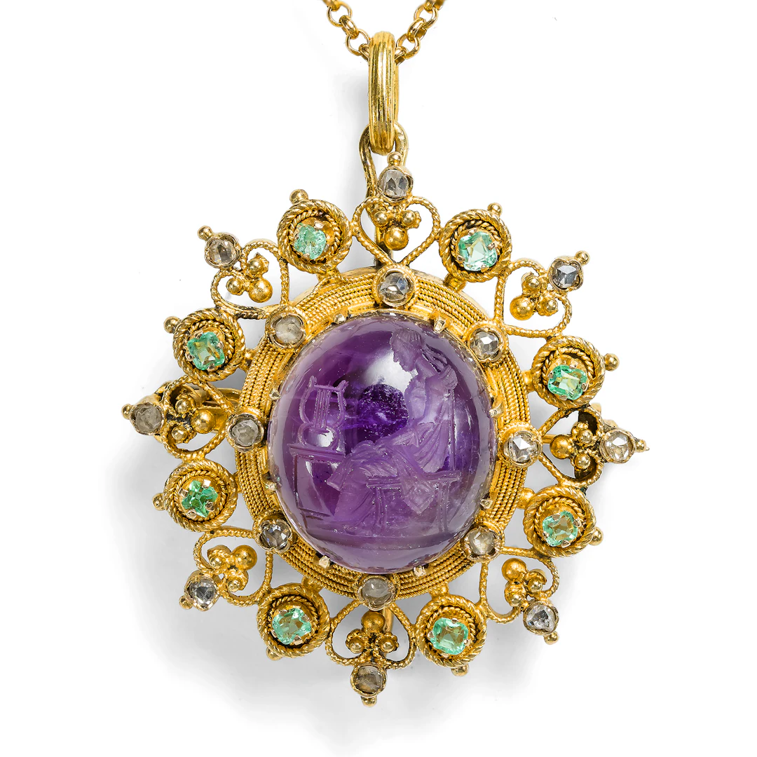 Antique Gold Pendant Brooch with an Amethyst Intaglio of Terpsichore, c. 1880