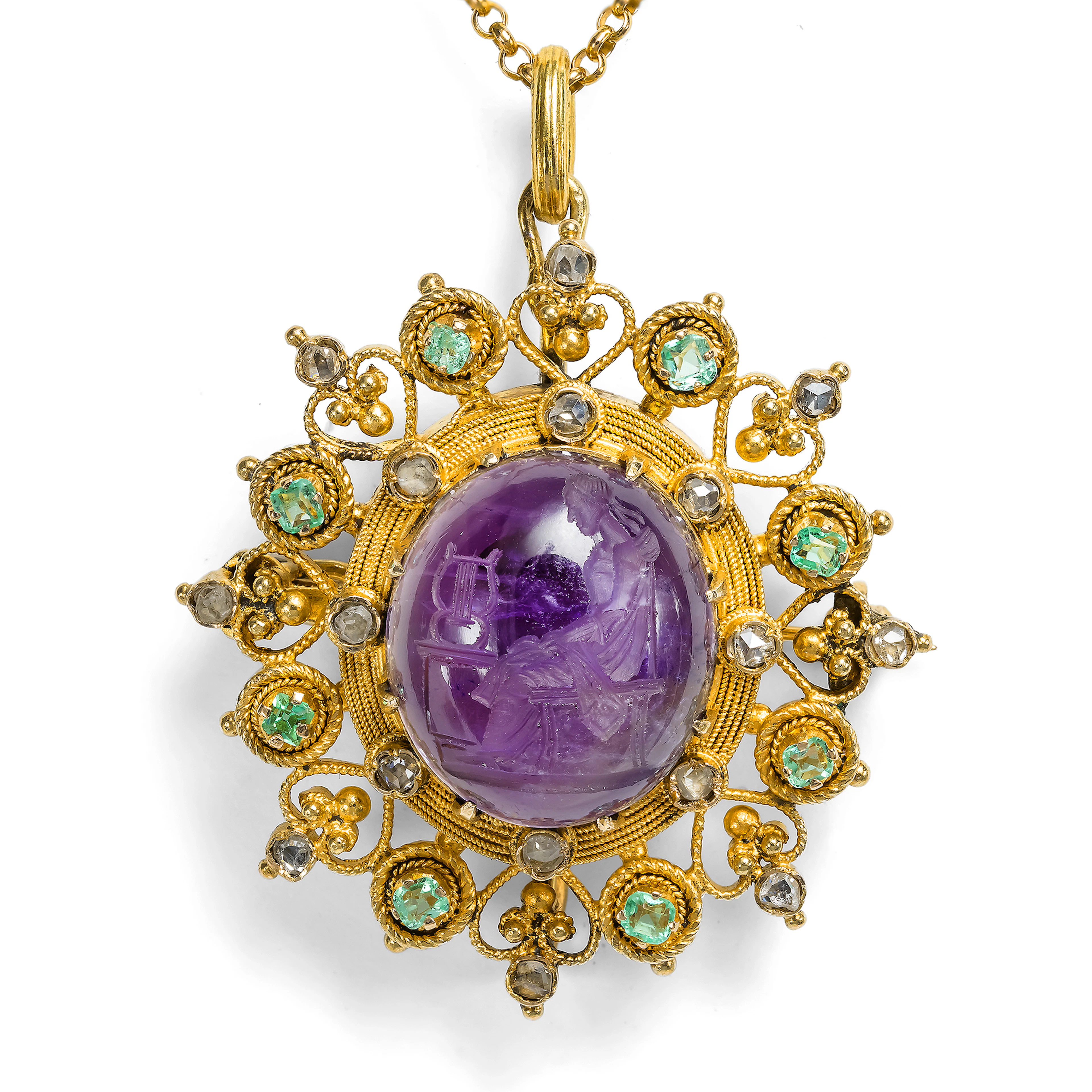 Antique Gold Pendant Brooch with an Amethyst Intaglio of Terpsichore, c. 1880