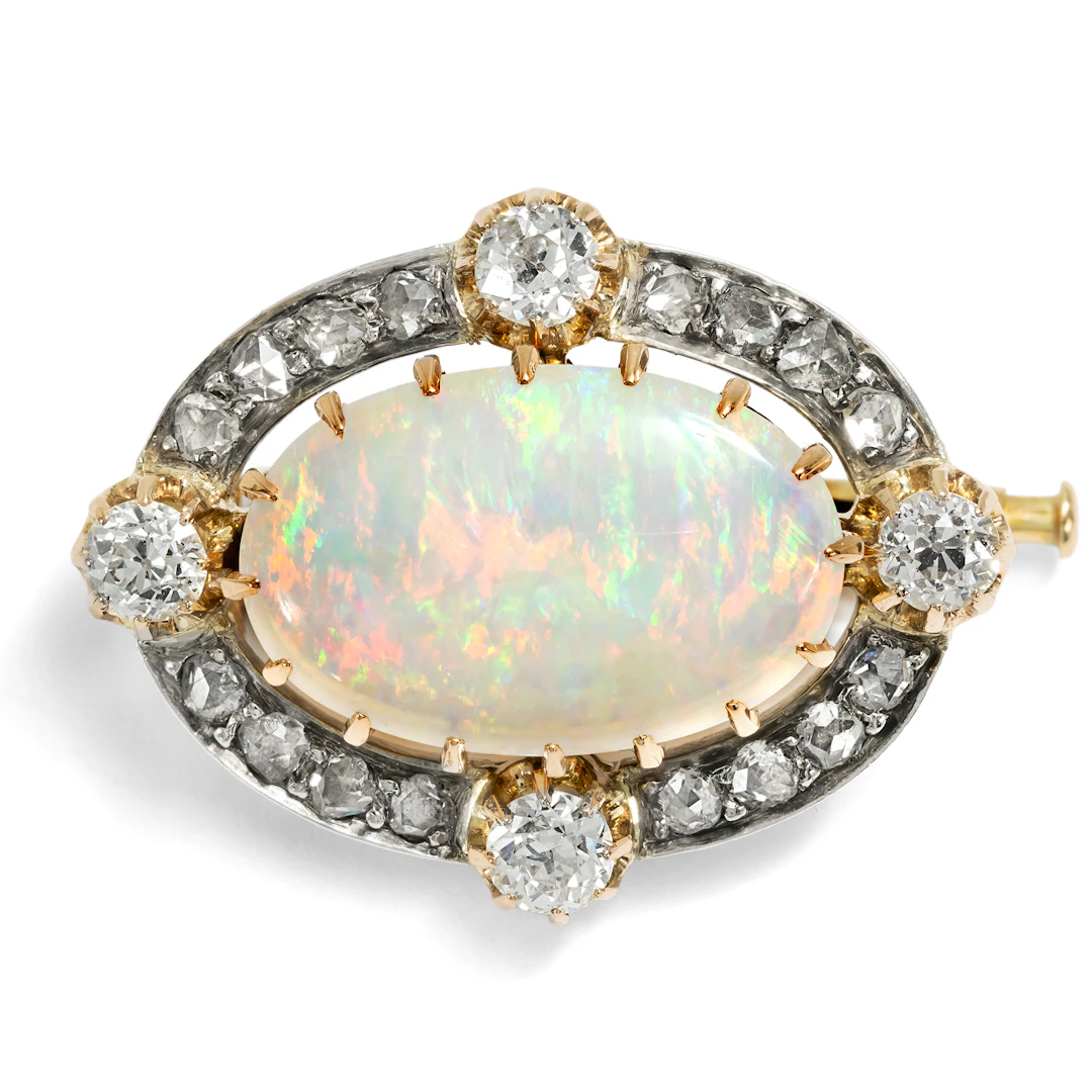 Precious Opal and Diamond Brooch in Silver on Gold, c. 1895