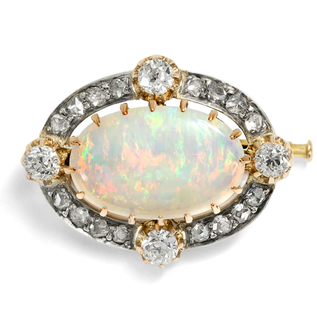 Precious Opal and Diamond Brooch in Silver on Gold, c. 1895