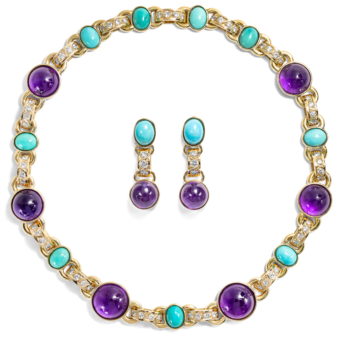 Magnificent Jewelry Set with Turquoises, Amethysts & Diamonds by Filippo