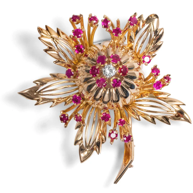 Glamorous Retro Clip With Diamond & Burma Rubies in Gold, Paris, 1940s