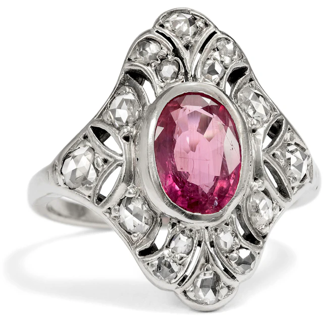 Antique Silver Ring with Diamonds & an Untreated Ruby from Winza