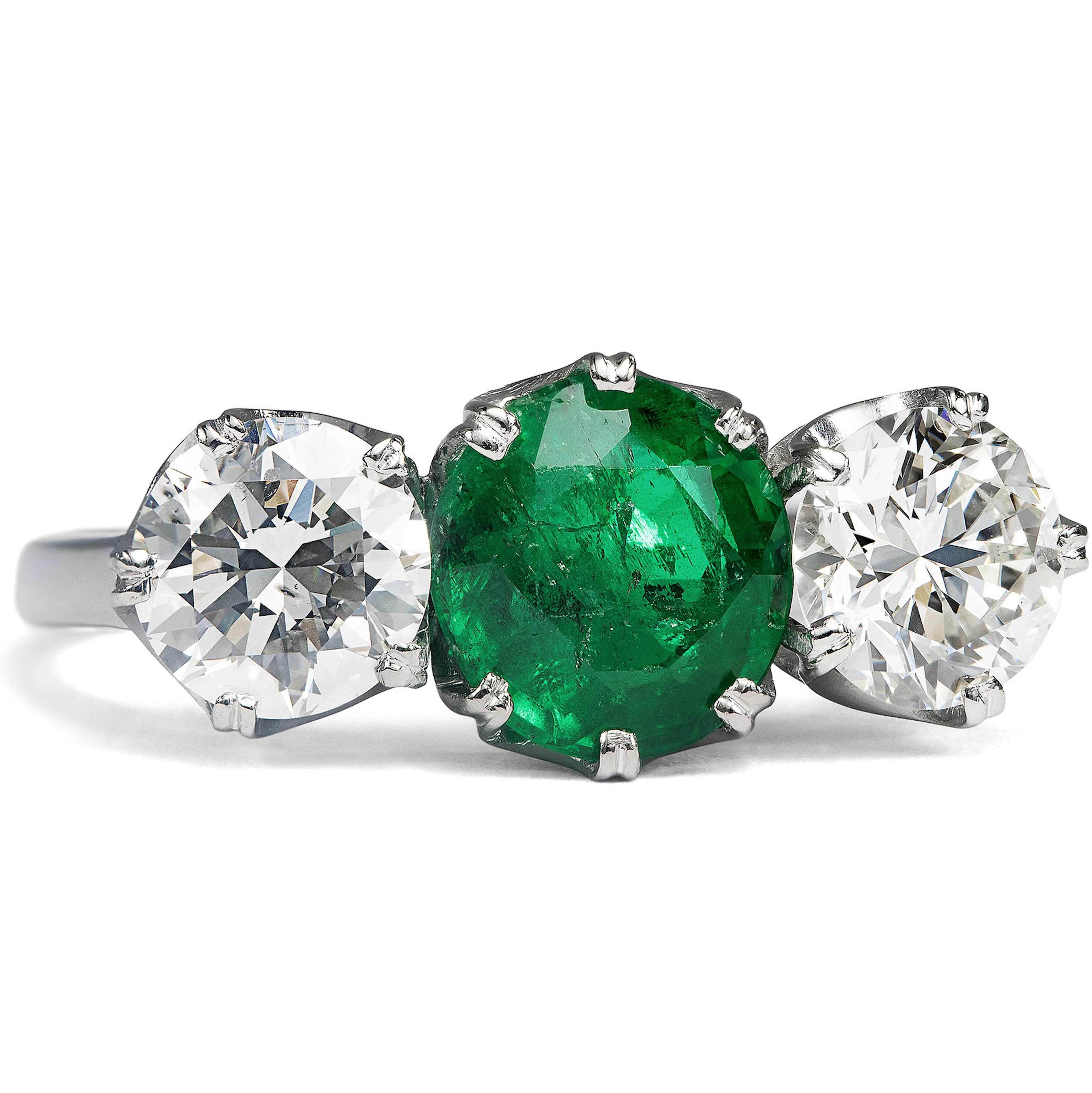 Fine Vintage Three-Stone Ring with Colombian Emerald and Diamonds