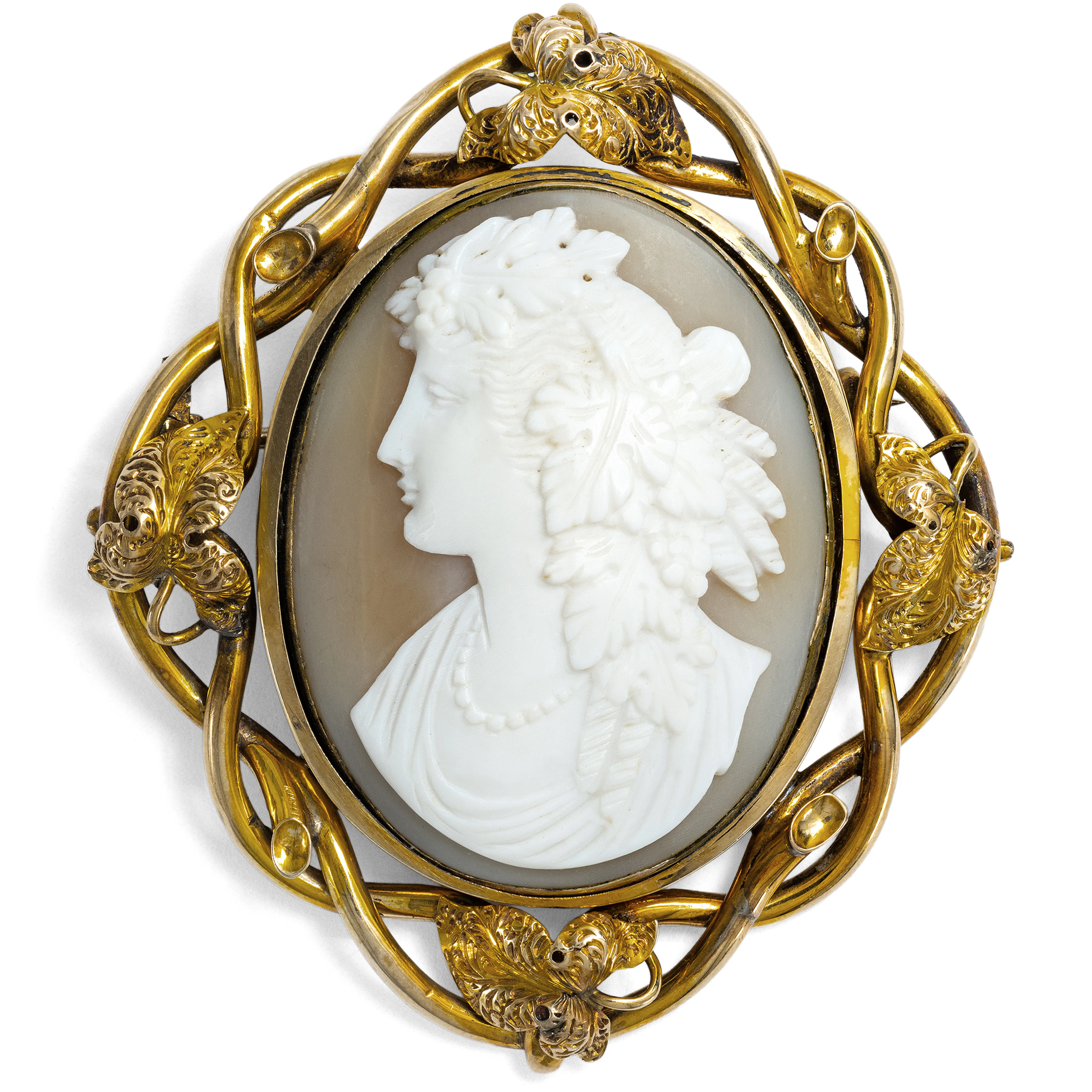 Unusual Gold Brooch with Cameo and Braided Hair, c. 1850