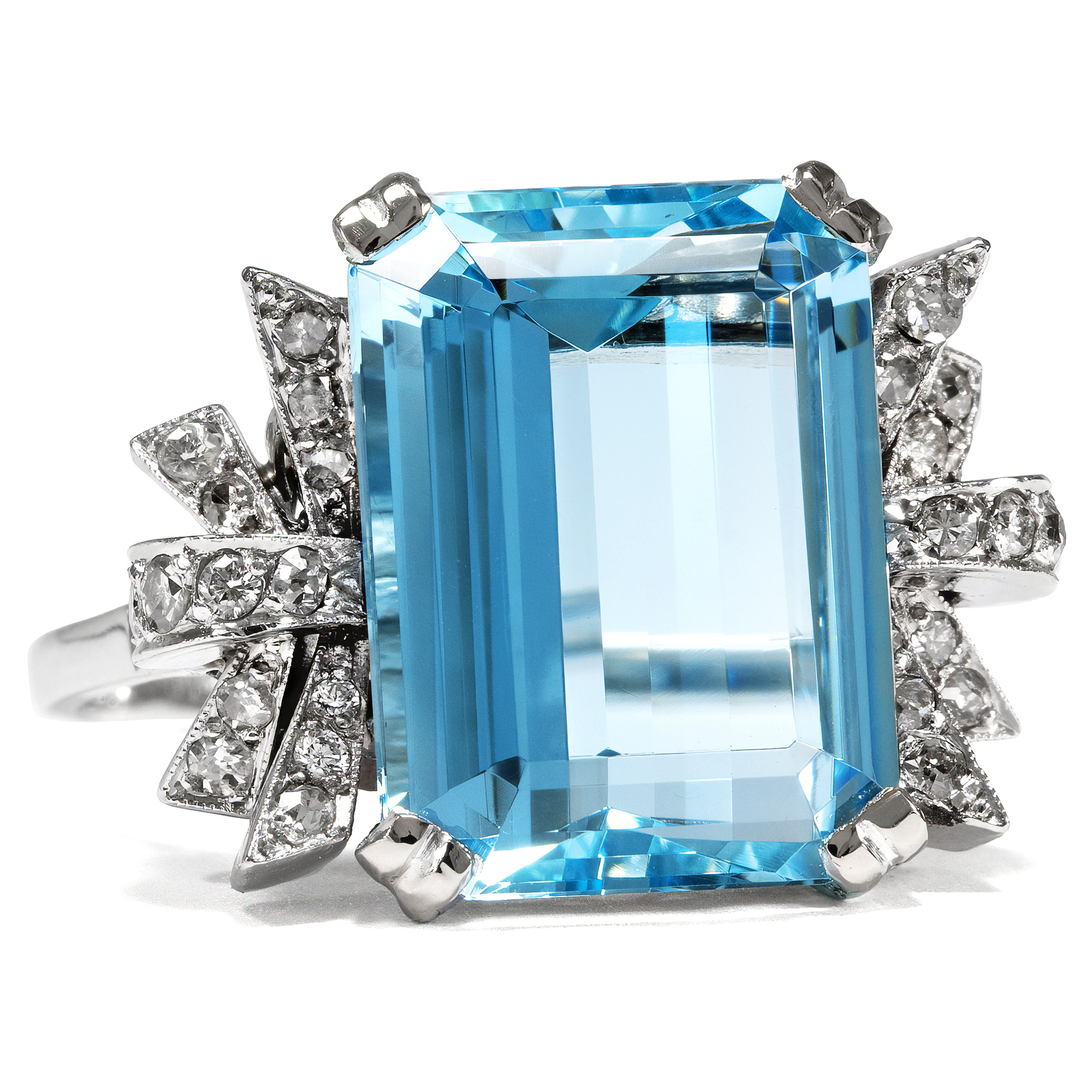 Glamorous Midcentury Cocktail Ring With Aquamarine & Diamonds in White