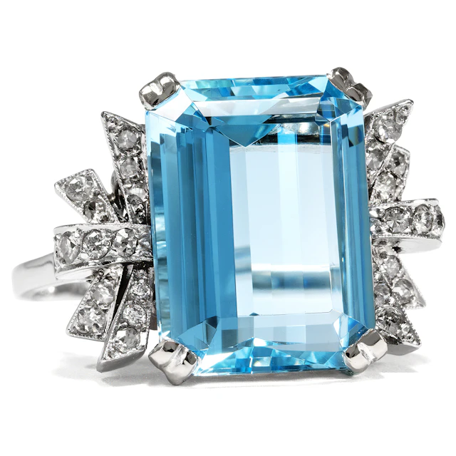 Glamorous Midcentury Cocktail Ring With Aquamarine & Diamonds in White