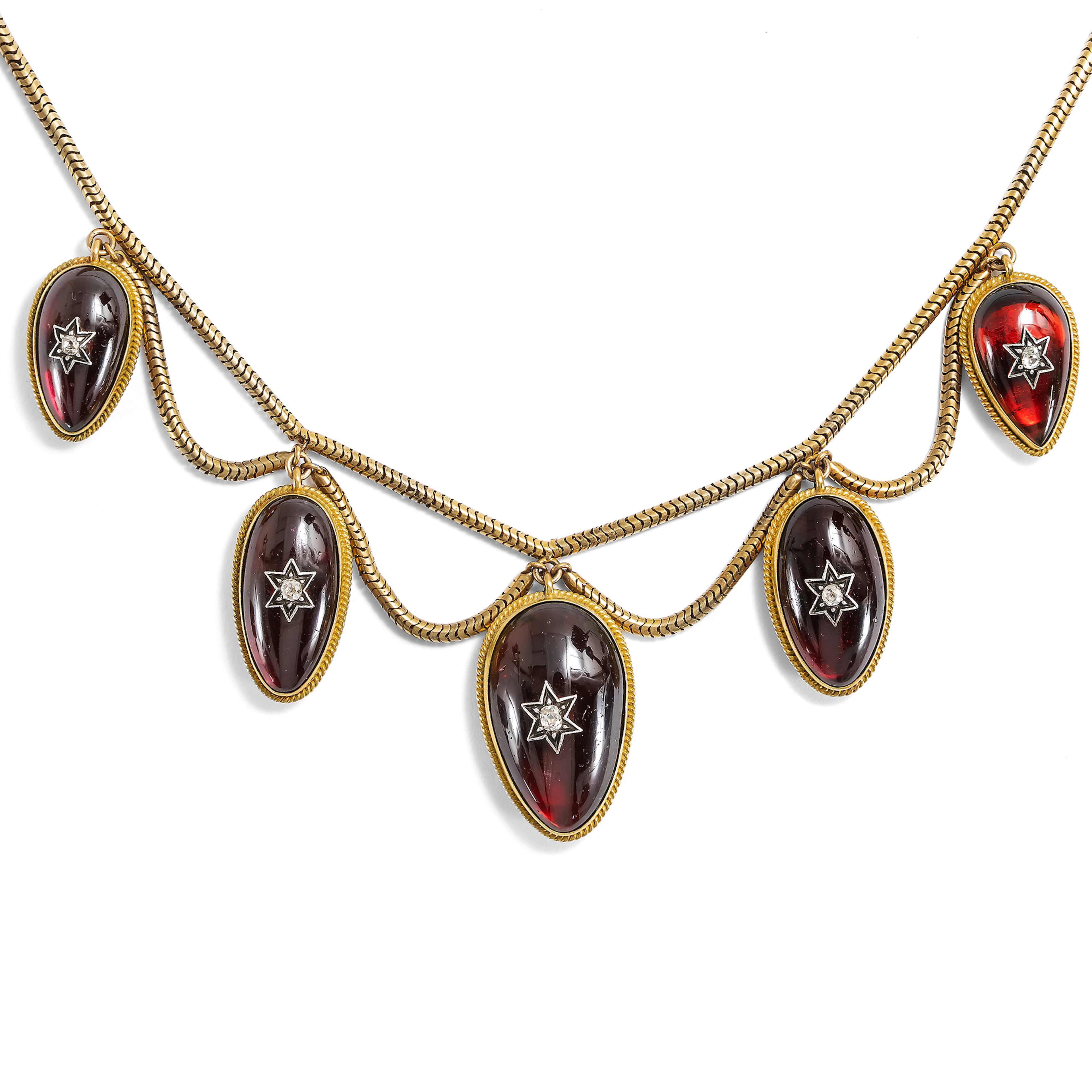 Victorian Garnet Cabochon Fringe Necklace in Gold, c. 1870