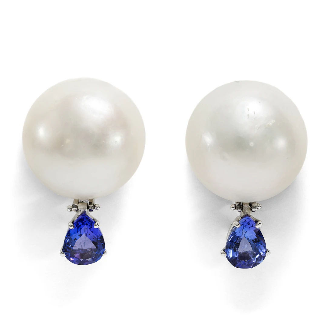 Luxurious Vintage Earrings with South Sea Pearls & Tanzanites, c. 1985