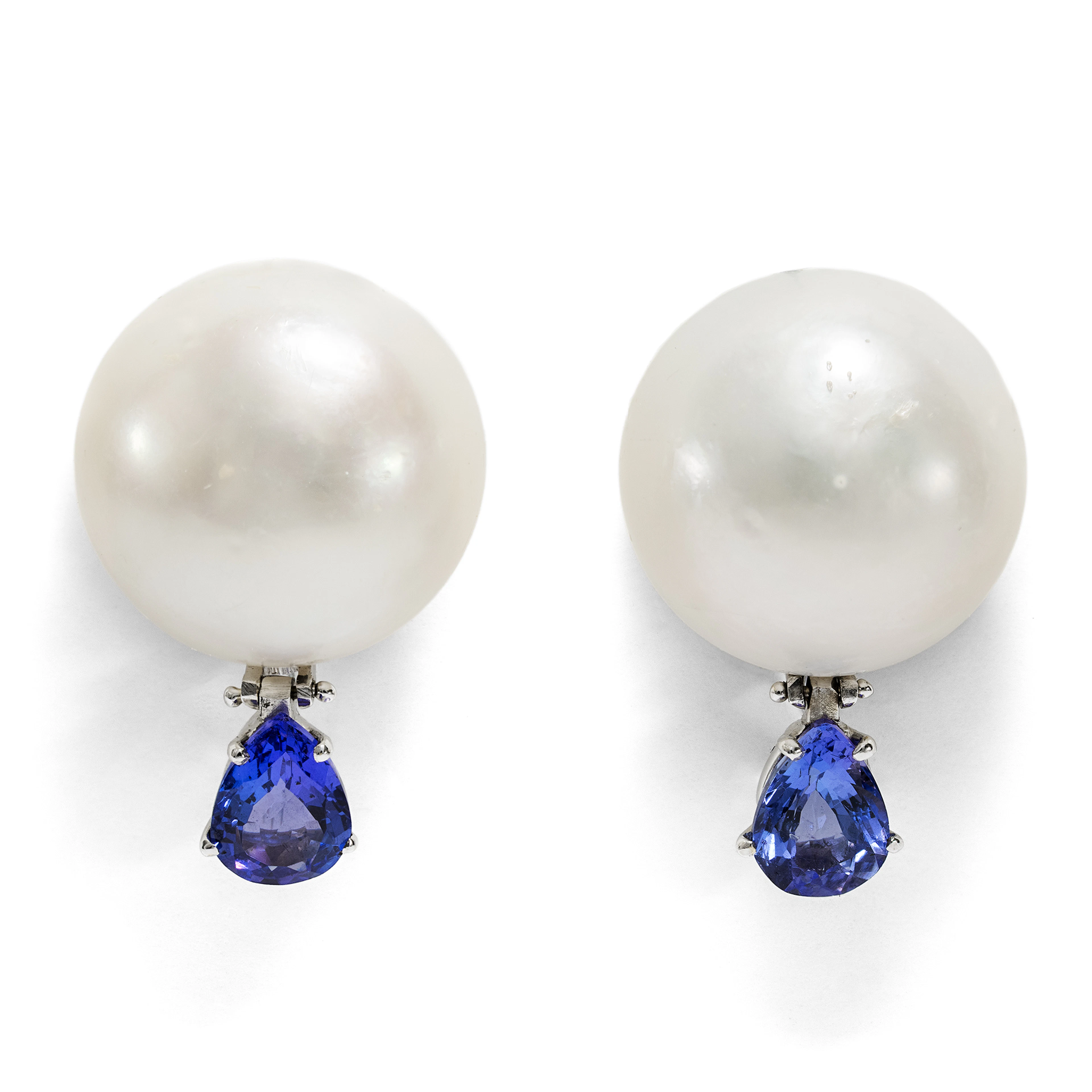 Luxurious Vintage Earrings with South Sea Pearls & Tanzanites, c. 1985
