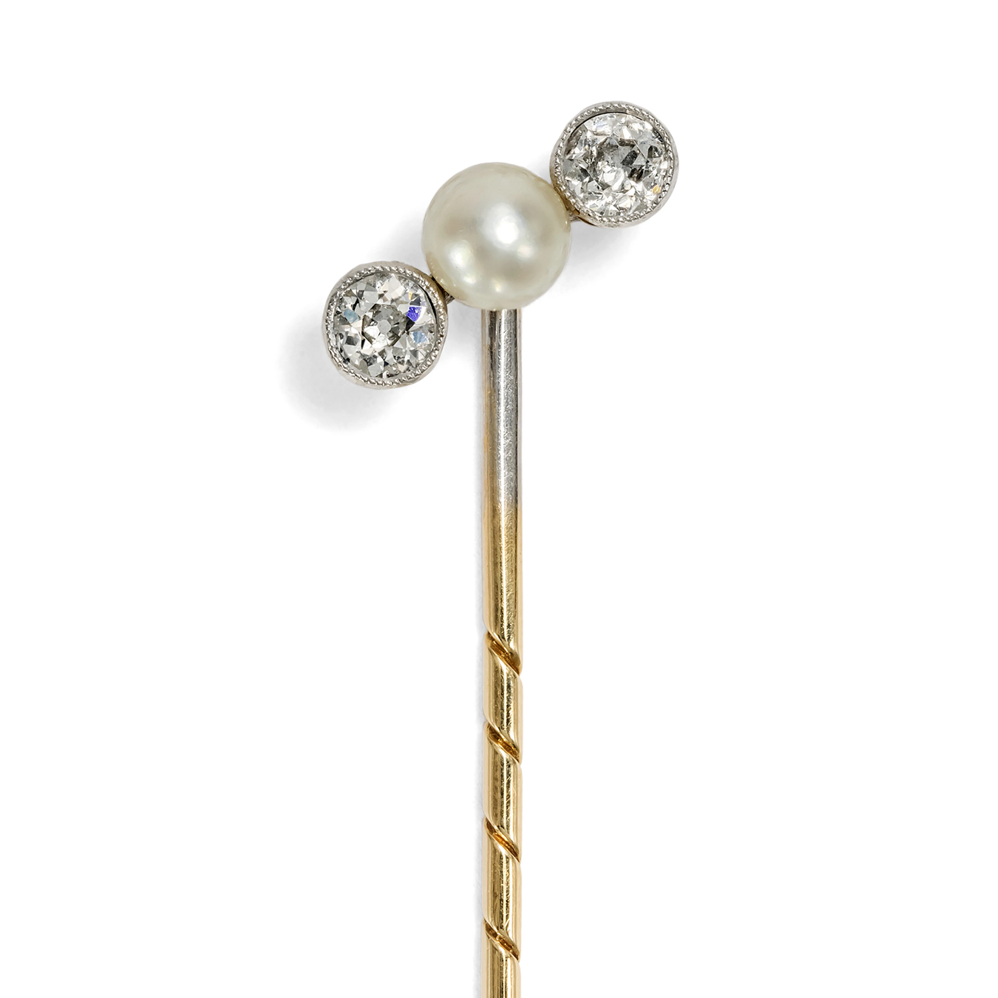Stylish Antique Pin with Pearl & Diamonds, c. 1905