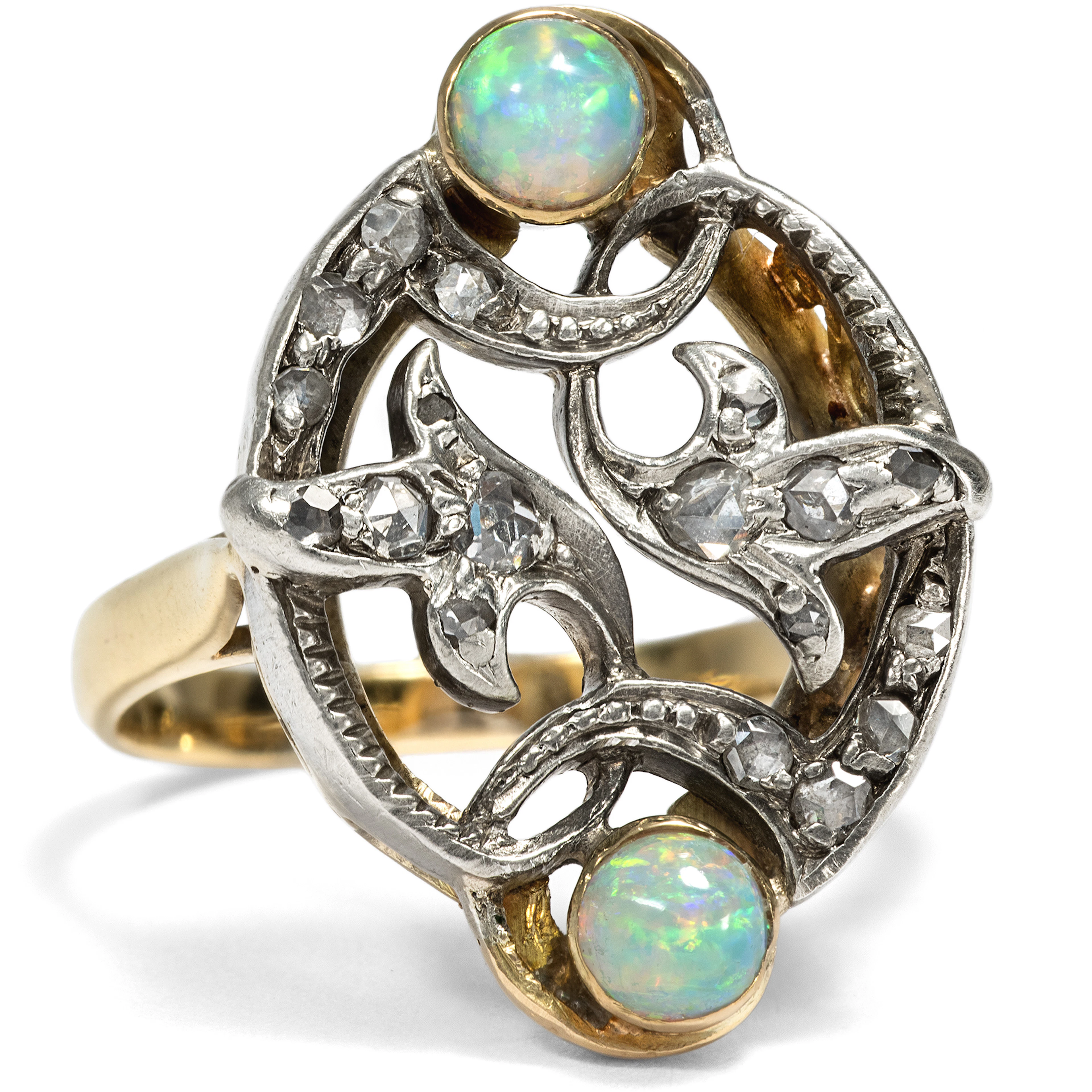 Unusual Ring with Opals and Diamonds in Silver on Gold, c. 1900 and later