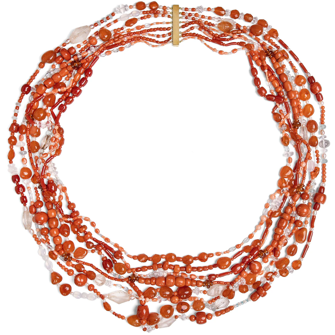 Large, Eight-Row Necklace Made of Coral, Pearls, and Gemstones, Salzburg