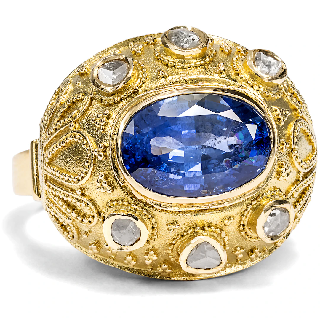Vintage Dome Ring with Sapphire & Diamonds in Granulated Gold, c. 1955 & Later