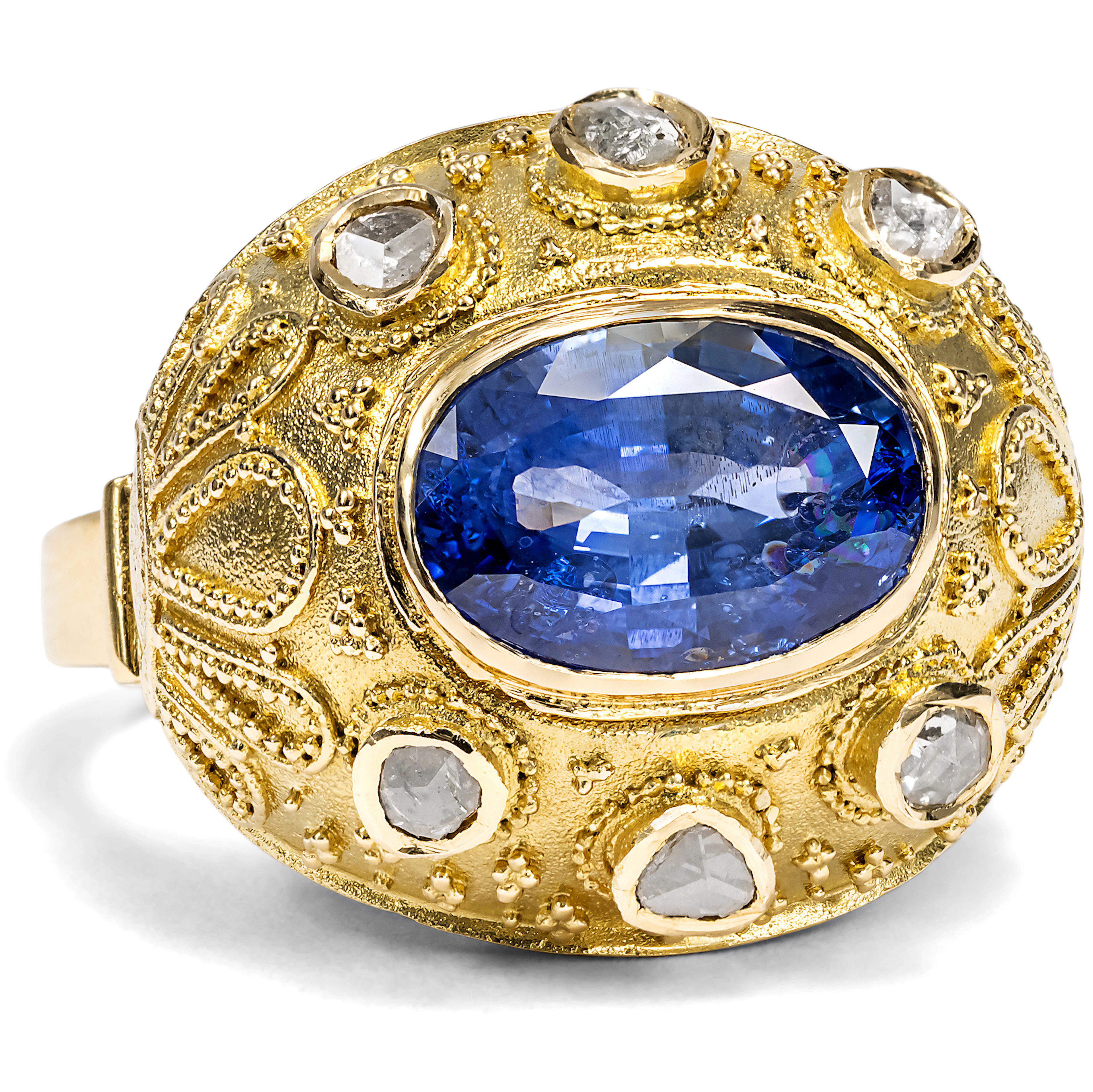 Vintage Dome Ring with Sapphire & Diamonds in Granulated Gold, c. 1955 & Later