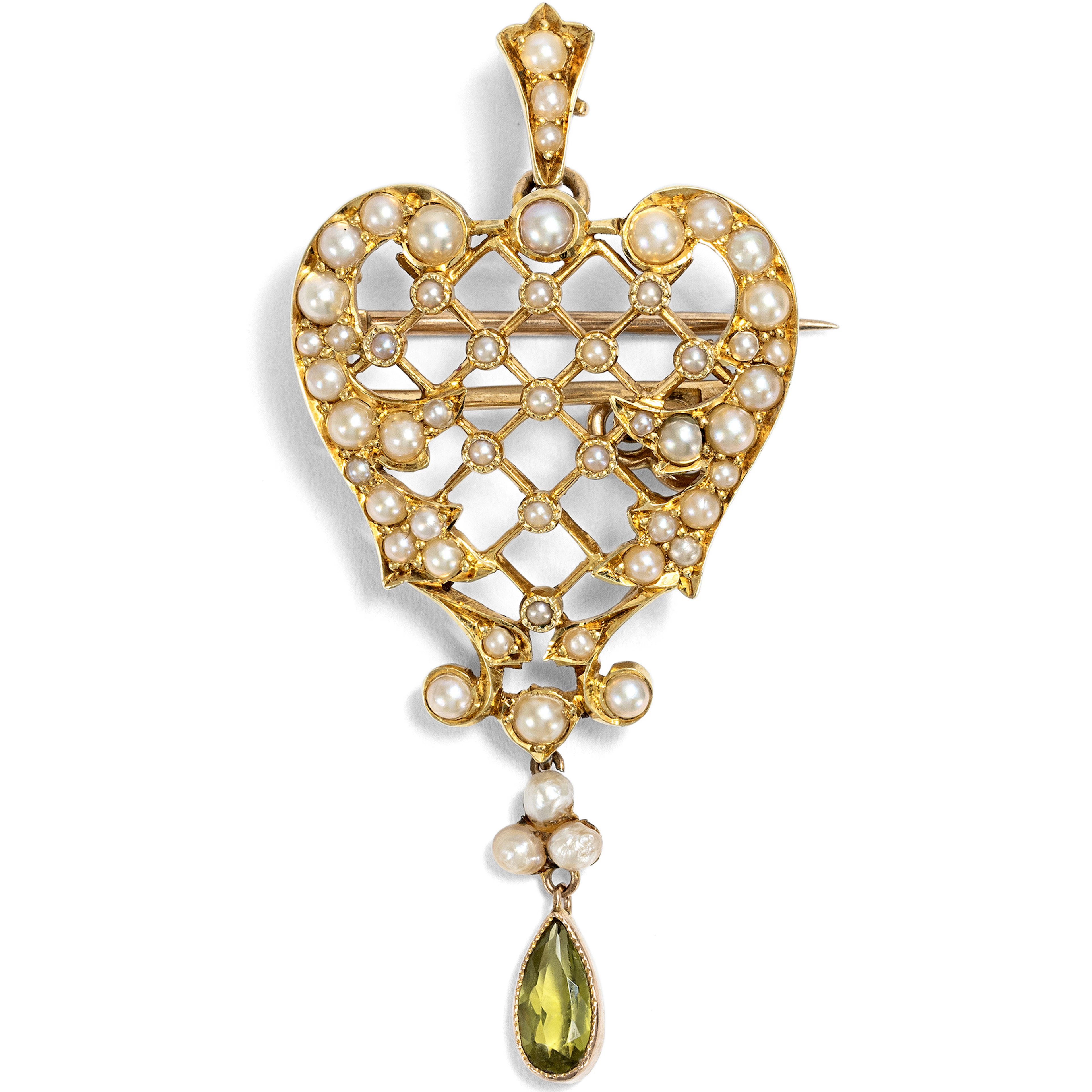 Antique Gold Pendant-Brooch with Peridot & Pearls, Great Britain c. 1900