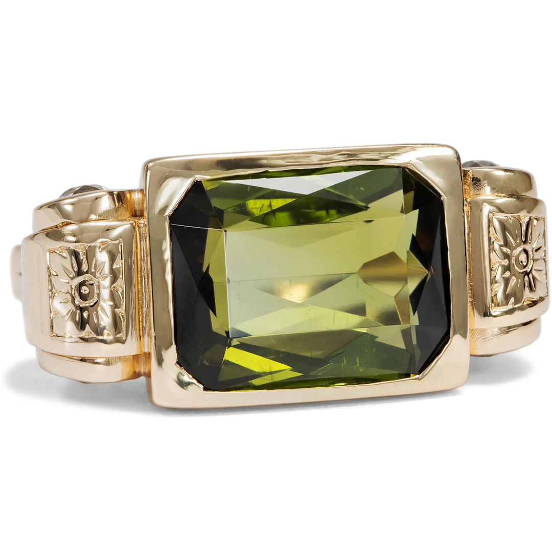 Retro Style Gold Ring with Tourmaline & Diamonds, dated 1953