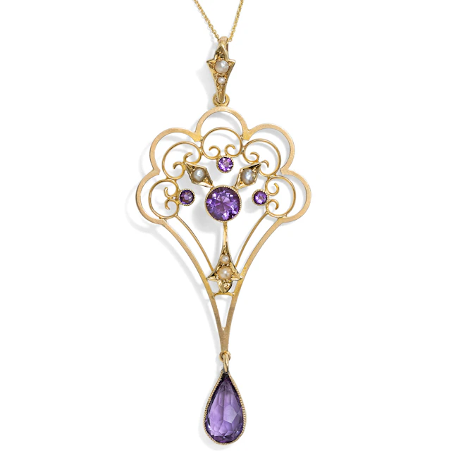 Antique Edwardian Amethyst and Pearl Pendant in Gold, British, c. 1910