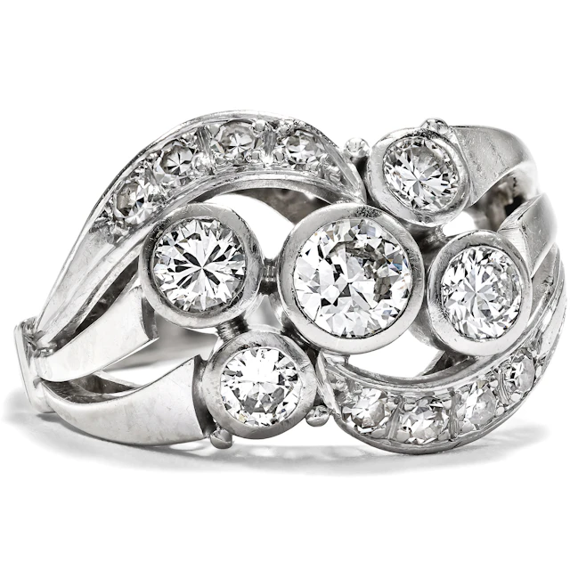 Midcentury Diamond Ring in White Gold, Germany, c. 1955