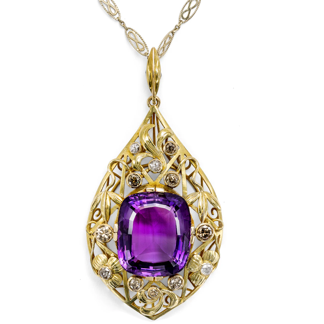 Large Expressionist Pendant with Amethyst and Colored Diamonds in Gold, 1920s