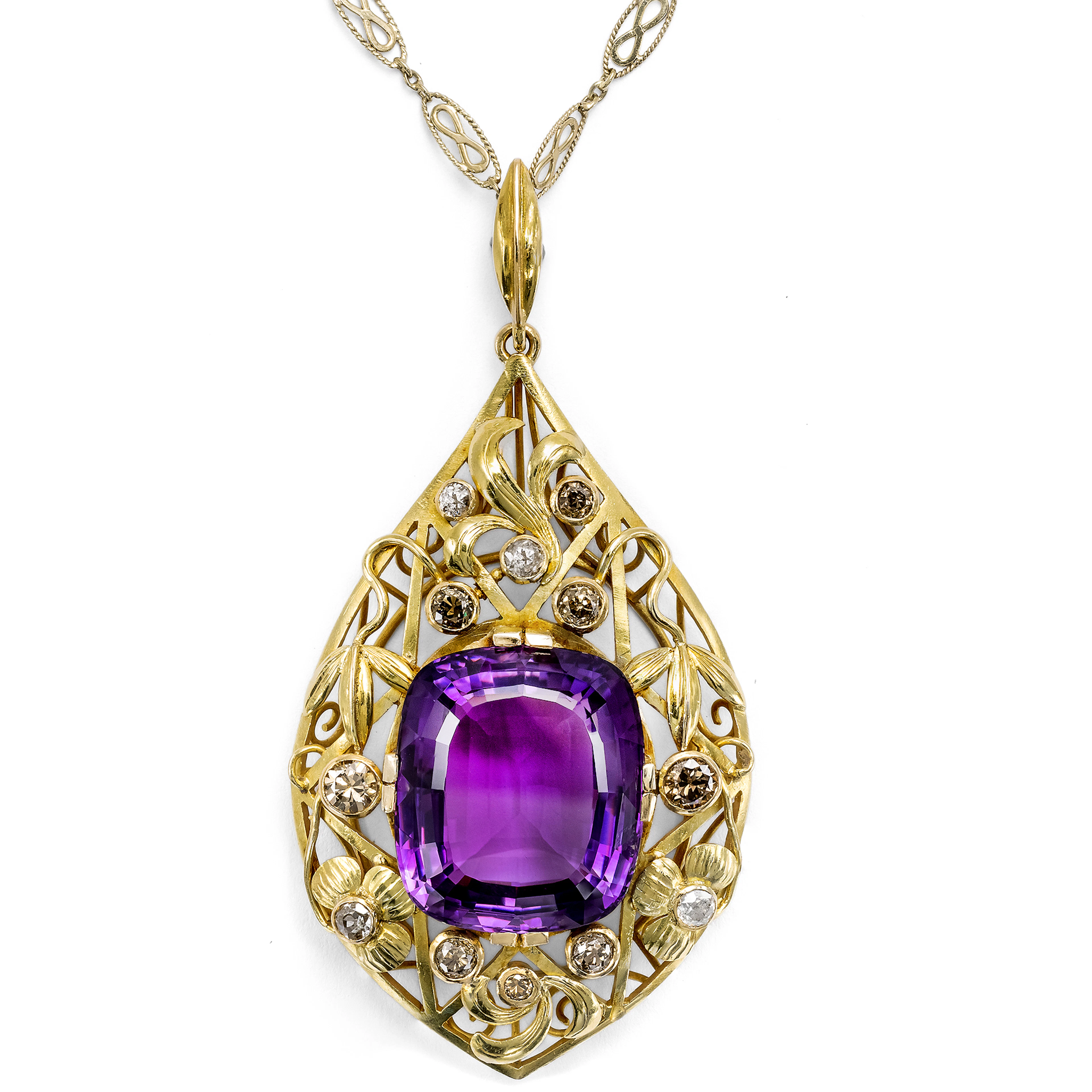 Large Expressionist Pendant with Amethyst and Colored Diamonds in Gold, 1920s
