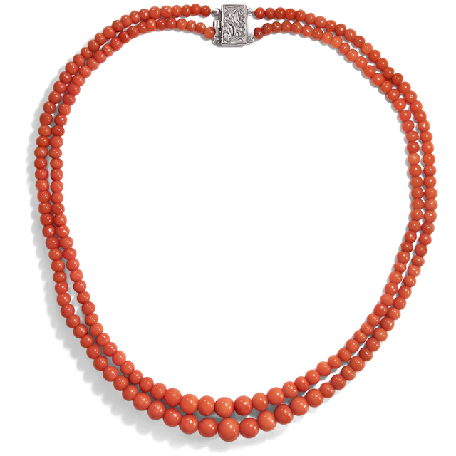 Double Strand Hand Cut Coral Necklace With Modern Clasp, c. 1900