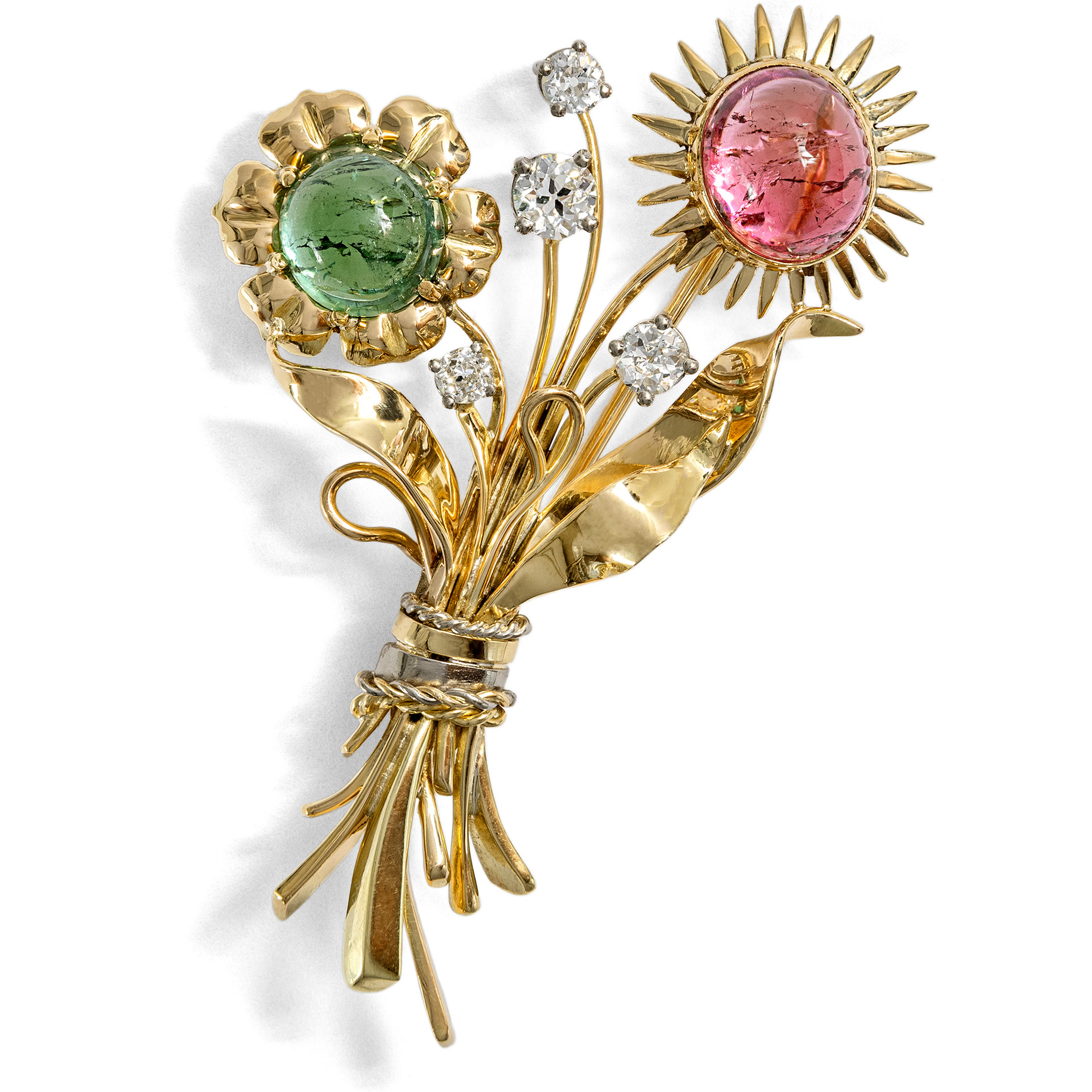 Vintage Brooch with Tourmalines & Diamonds in Gold, c. 1950