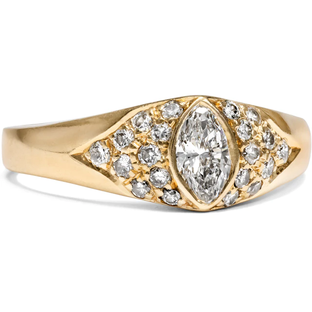 Vintage Gold Ring with a Navette-Cut Diamond and Brilliant-Cut Diamonds