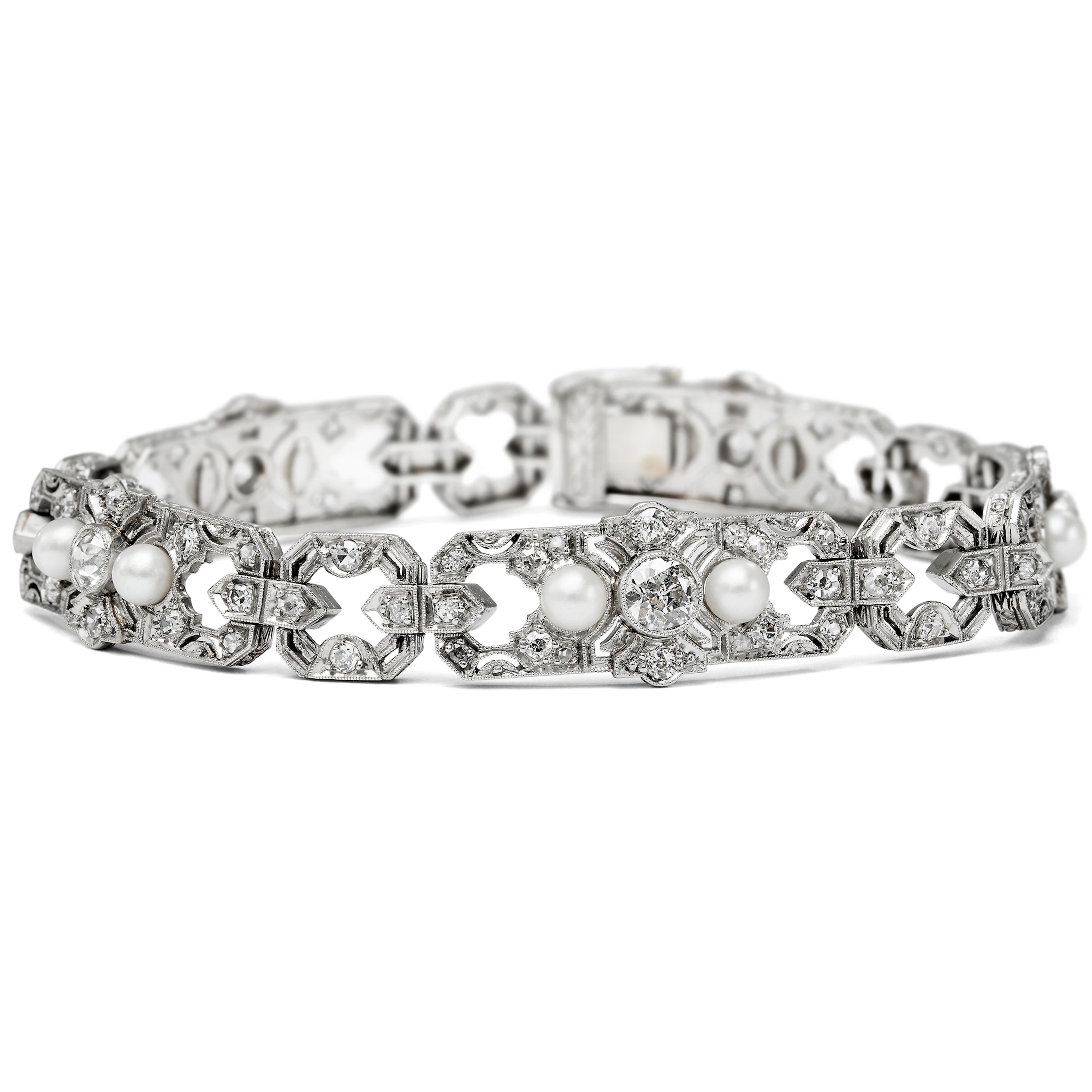 Exquisite Platinum Bracelet with Natural Pearls & Diamonds, c. 1930