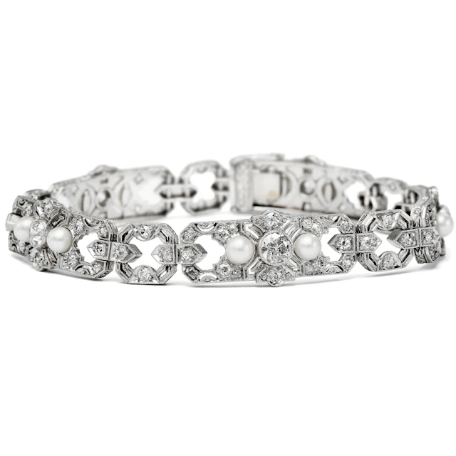 Exquisite Platinum Bracelet with Natural Pearls & Diamonds, c. 1930