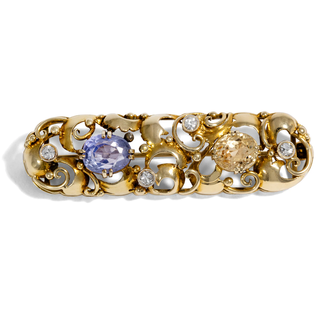 Artful Brooch With Blue & Yellow Sapphire in Gold, 1930s