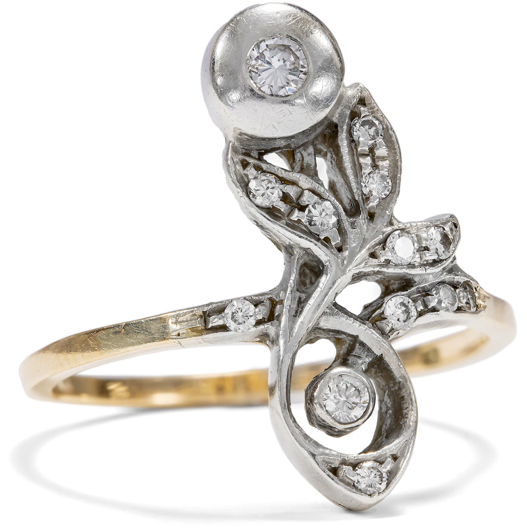 Vintage Diamond Ring In Art Nouveau Shapes, Hungary Around 1980