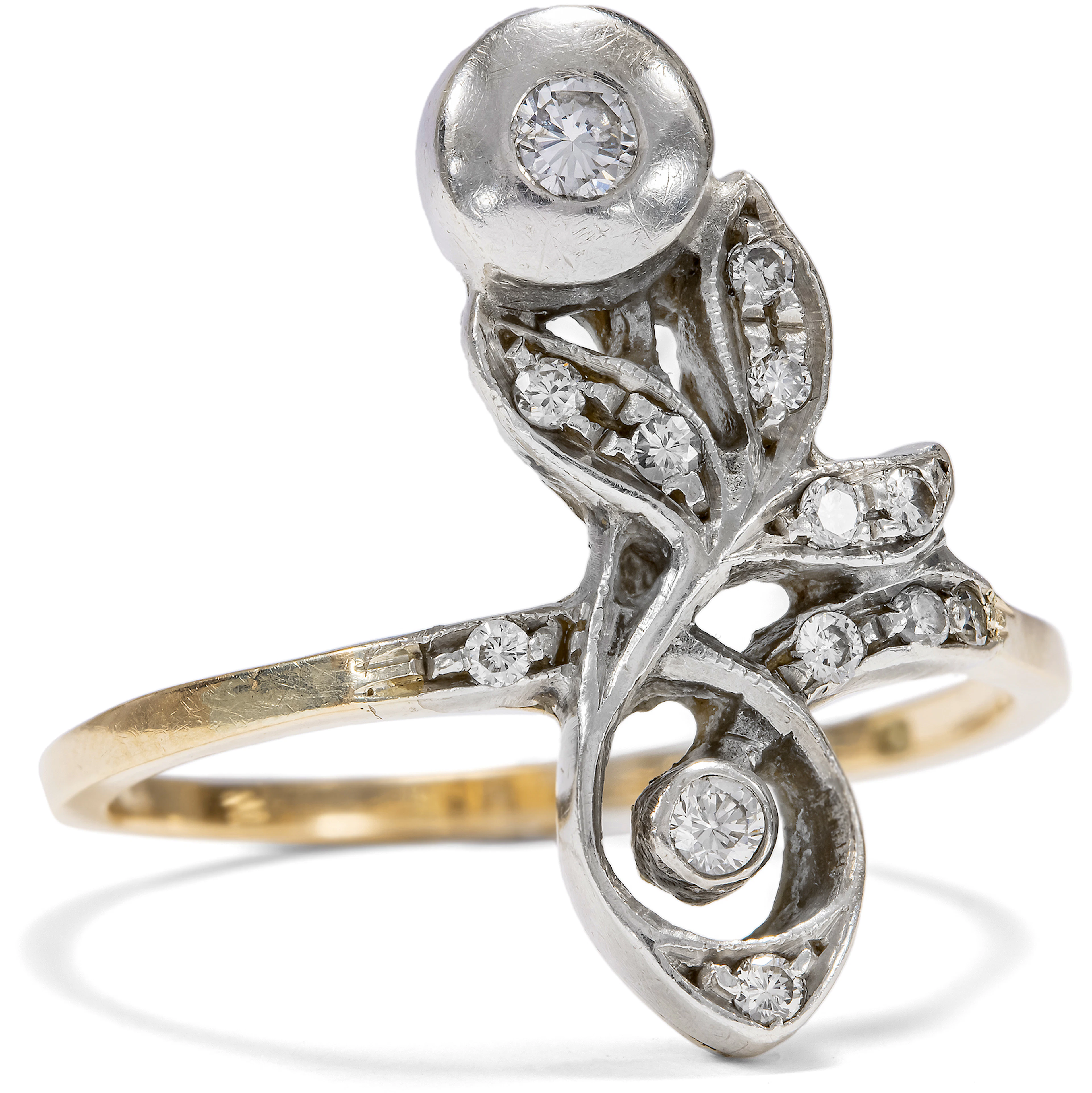 Vintage Diamond Ring In Art Nouveau Shapes, Hungary Around 1980