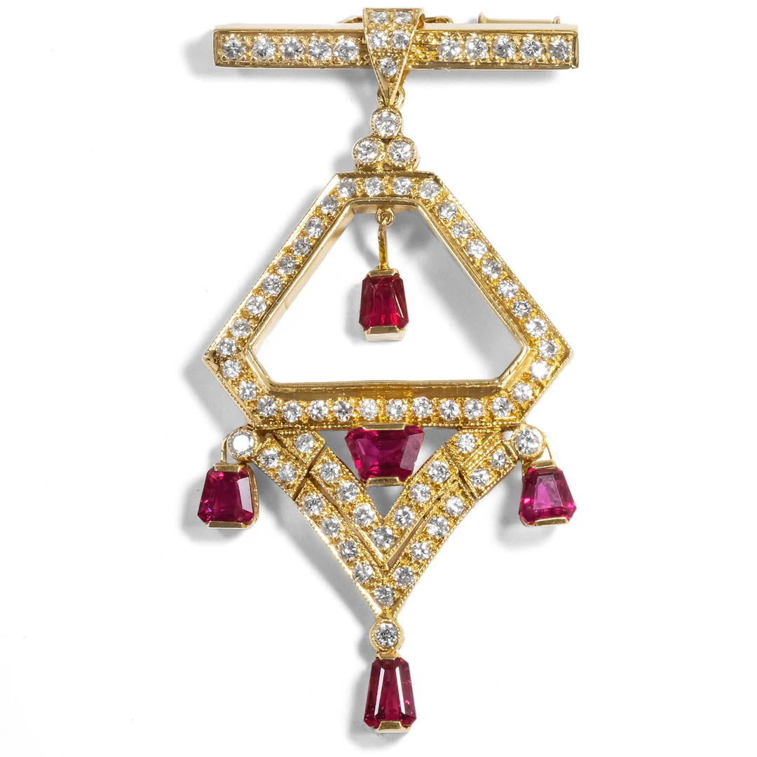 Precious Vintage Pendant/Brooch With Rubies & Diamonds in Gold, 1980s