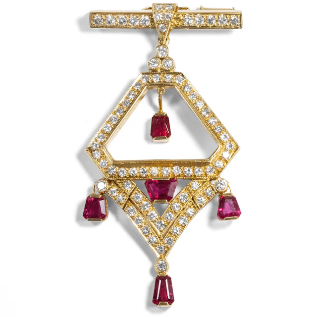 Precious Vintage Pendant/Brooch With Rubies & Diamonds in Gold, 1980s
