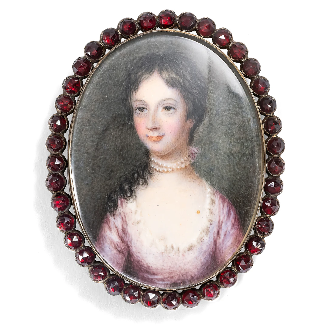 Fine Rococo Portrait Miniature in a Gold Setting with garnets, ca. 1760 & Later