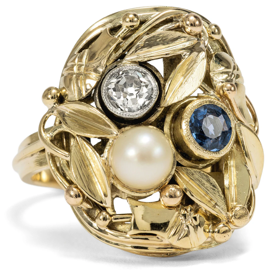 Magnificent Déco Gold Ring with Diamond, Sapphire & Pearl by, Will