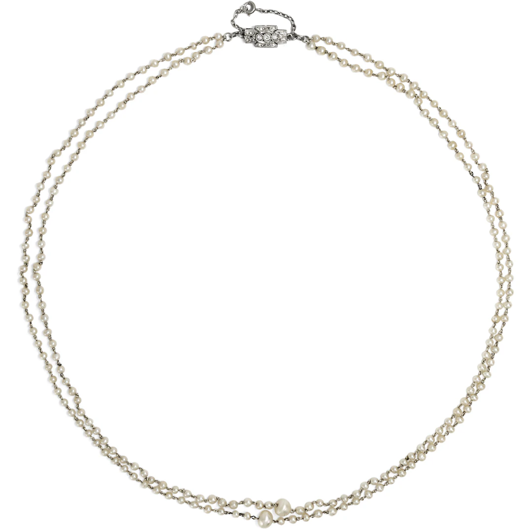 Two-Strand Natural Pearl and Platinum Necklace with Diamond Clasp, c. 1925